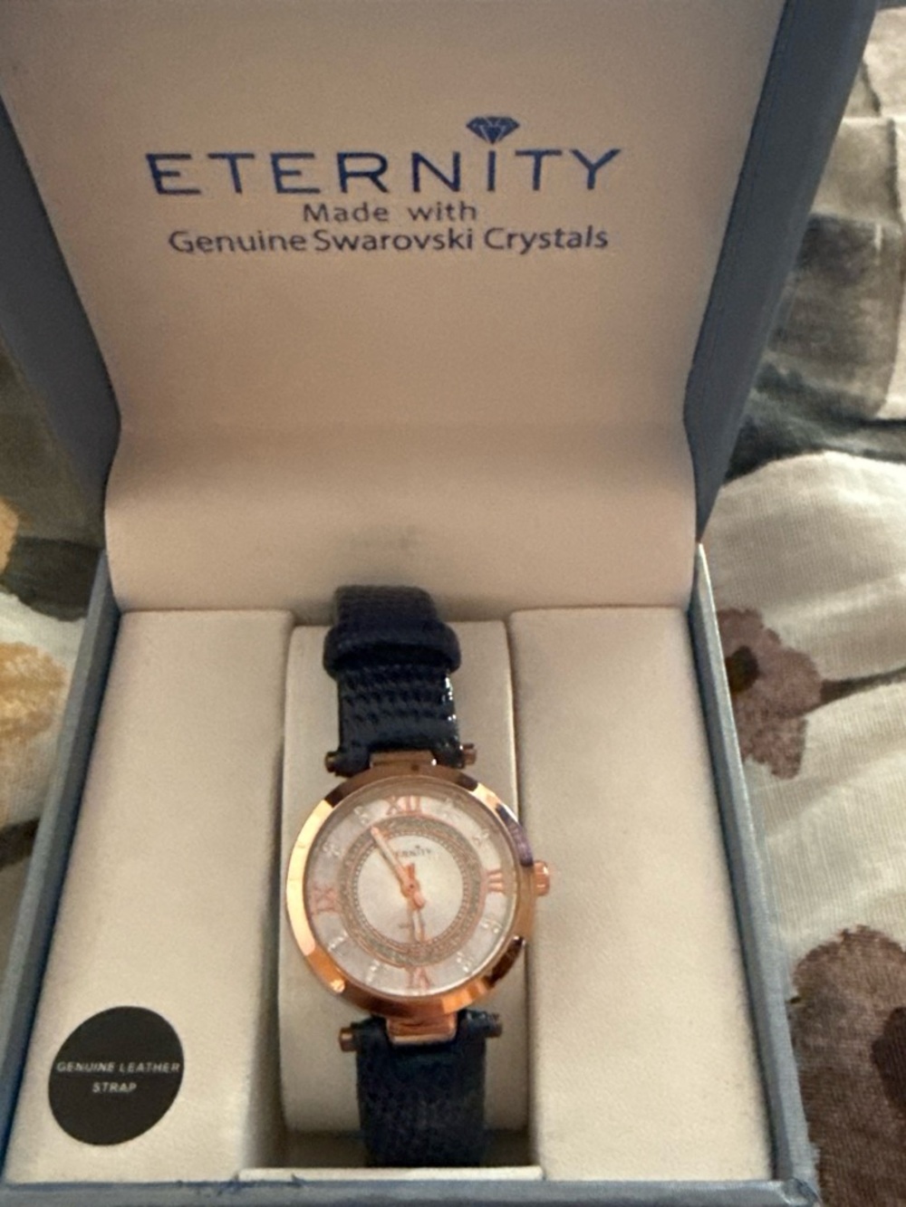 Rose Gold Case Navy Leather Strap Watch with Crystal Accents